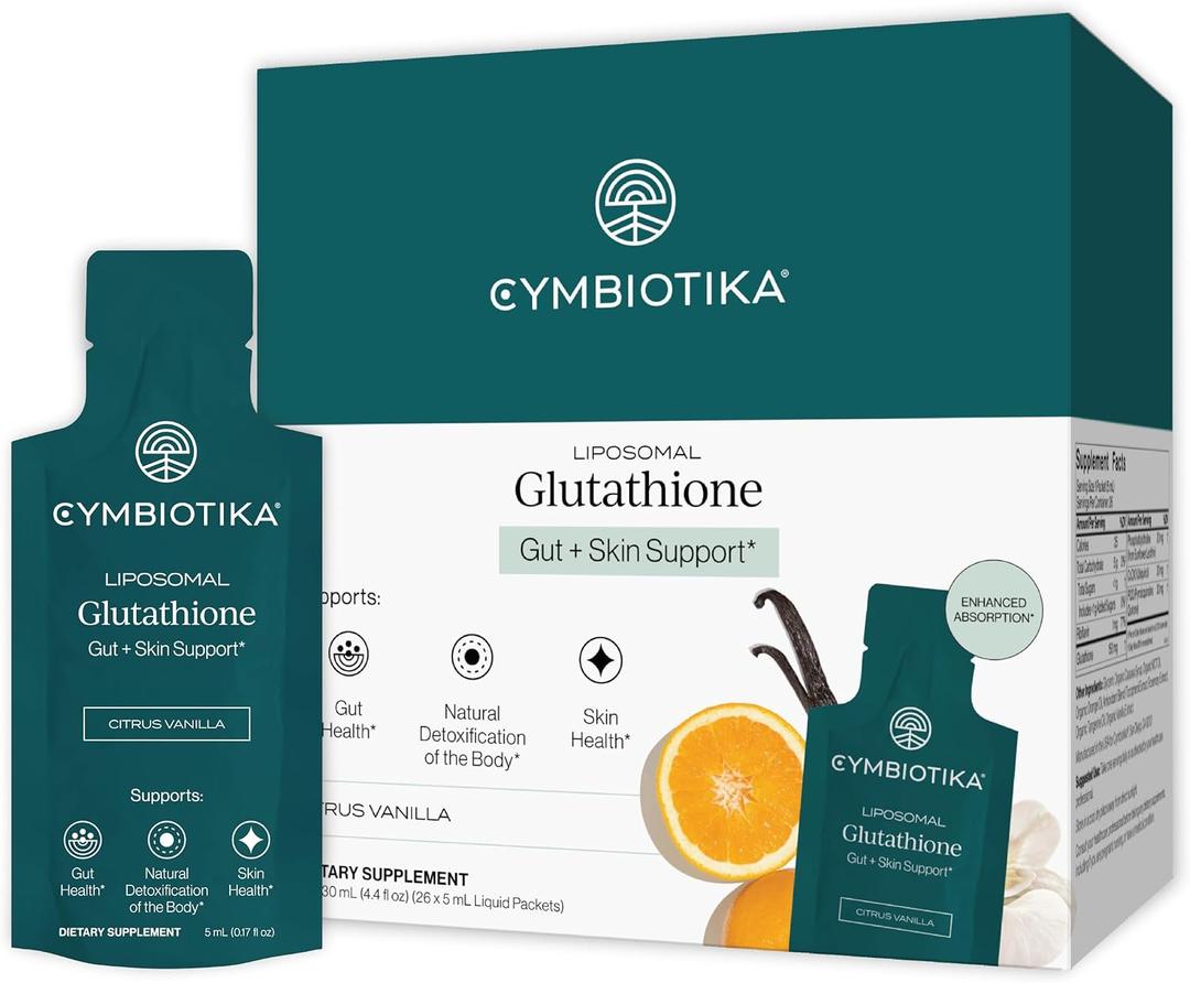 CYMBIOTIKA Liposomal Glutathione – PQQ, CoQ10, Detox & Skin Support With PQQ, CoQ10 & vitamin B2. Sunflower liposomal delivery. Vegan, non-GMO, third-party tested. Citrus Vanilla, 26 packets (EXP: 06/2027)