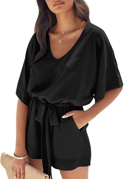 XXTAXN Women's Summer Casual Loose V Neck Short Sleeve Elastic Party Jumpsuit Rompers With Belt