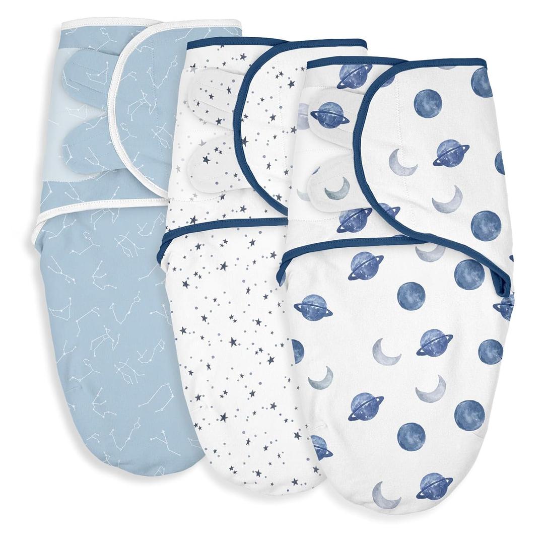 Organic Baby Swaddle Sleep Sacks, 3-Pack Swaddles for Newborns Baby Essentials, Infant 0-3 Months, 100% Cotton Soft & Snug Adjustable Wrap Nursery Swaddling Blankets Improves Sleep (Starry Skies)