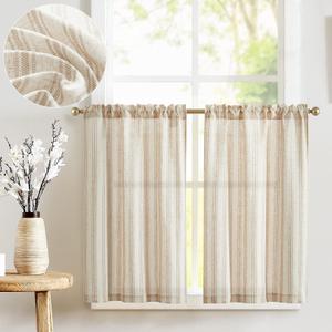 jinchan Taupe Striped Linen Kitchen Curtains 24 Inch Cafe Tier Curtains Balanced Stripe Farmhouse Small Drapes for Bathroom Laundry Over Sink Half Window Light Filtering 2 Panels Tan on Linen