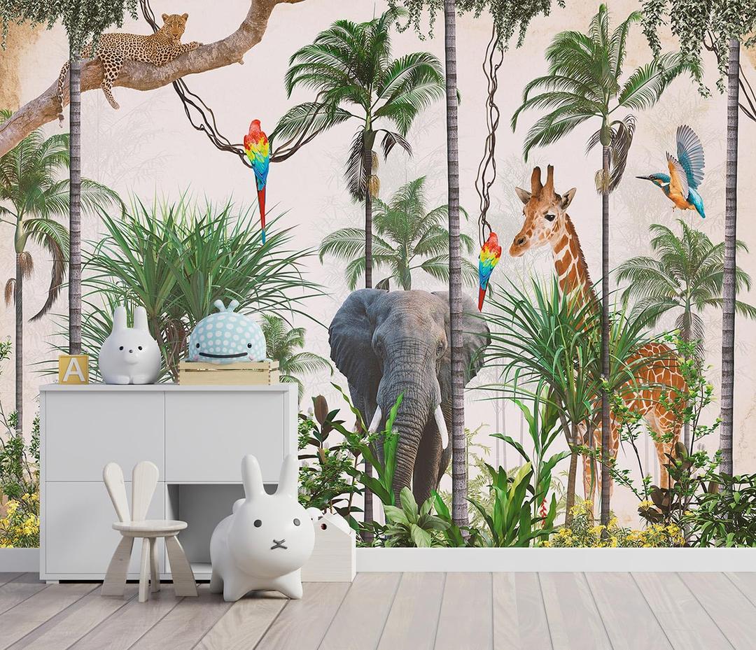 YQWDMX - 3D Safari Wallpaper Tropical Jungle and Animals Plant Wallpaper Mural for Bedroom Kids Room (Not Peel and Stick)