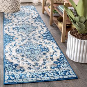 JONATHAN Y Boho Vintage Cream/Blue Runner Rug, 2x10, Bohemian Flair Medallion, Floral Easy-Cleaning High Traffic for Living Room, Bedroom, Kitchen, Pet-Friendly, Non Shedding (BMF106A-210)