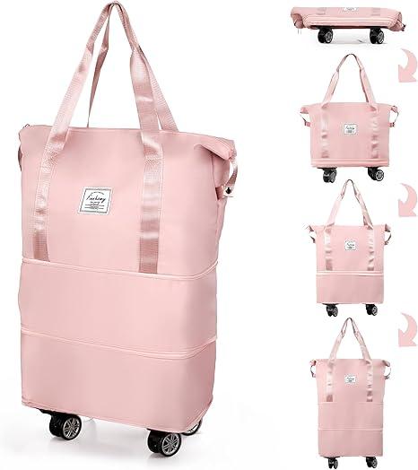 Finnhomy 50L Expandable Rolling Duffel Bag with Wheels Foldable Duffel Bag for Travel Carry on Bag with Wheels Luggage Travel bag Detachable Wheel Duffel Bag for Shopping Travel Outdoor, Pink