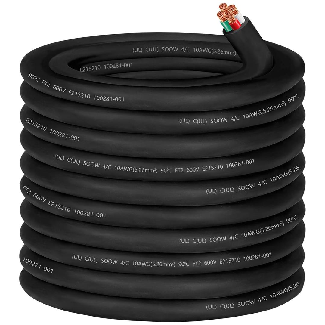 100ft 10/4 AWG SOOW Wire 10 Gauge Portable Power Cable 600V 4 Conductor 10/4 10 Gauge SOOW Extension Cord Electric Wire for Motor Lead,Generator,Welder,NEMA 14-30 RV Outlet Box,Car Battery Charger