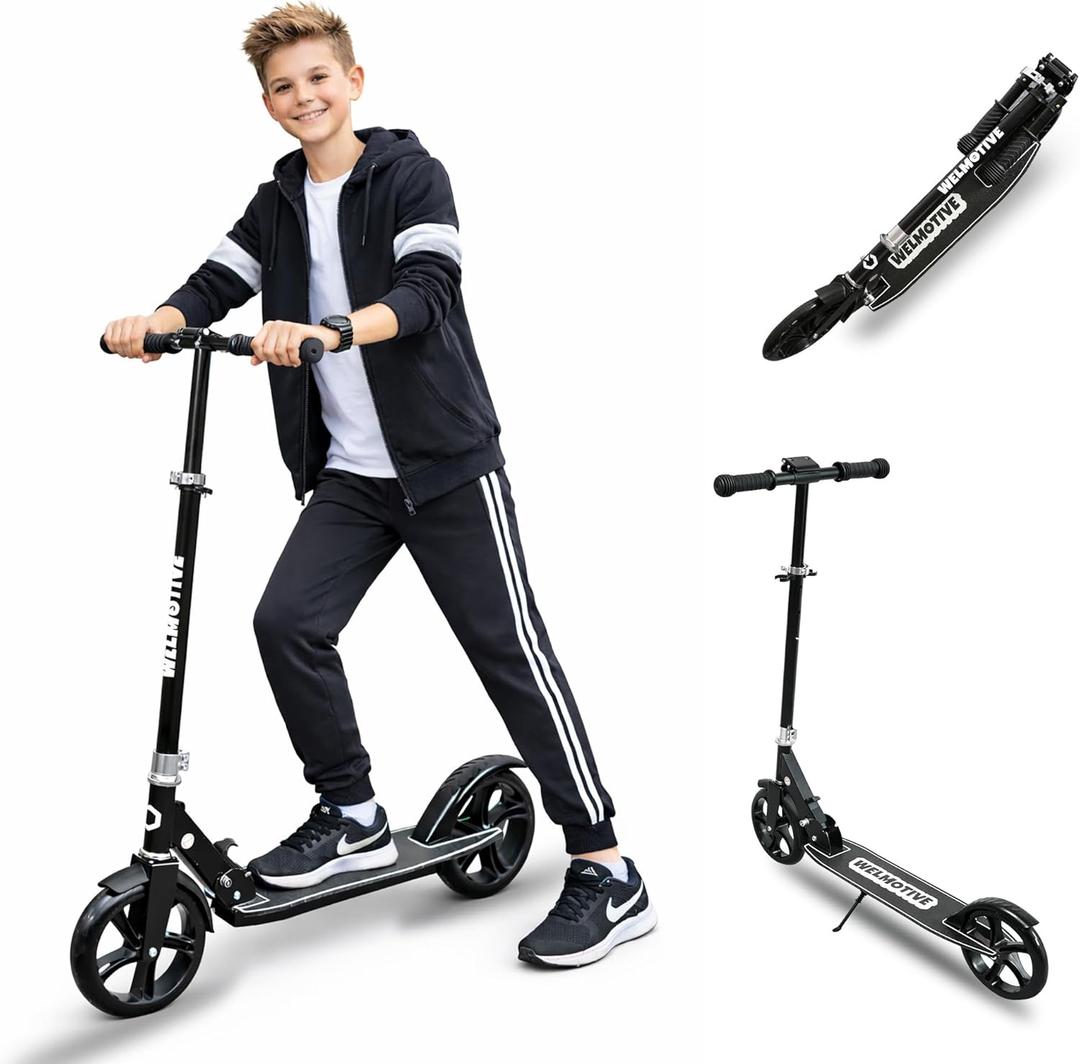 Kick Scooter for Kids Ages 6+, Teens & Adults, Adjustable Handlebars, Rear Brake, Big Wheel Foldable Scooter for Indoor & Outdoor (Black)