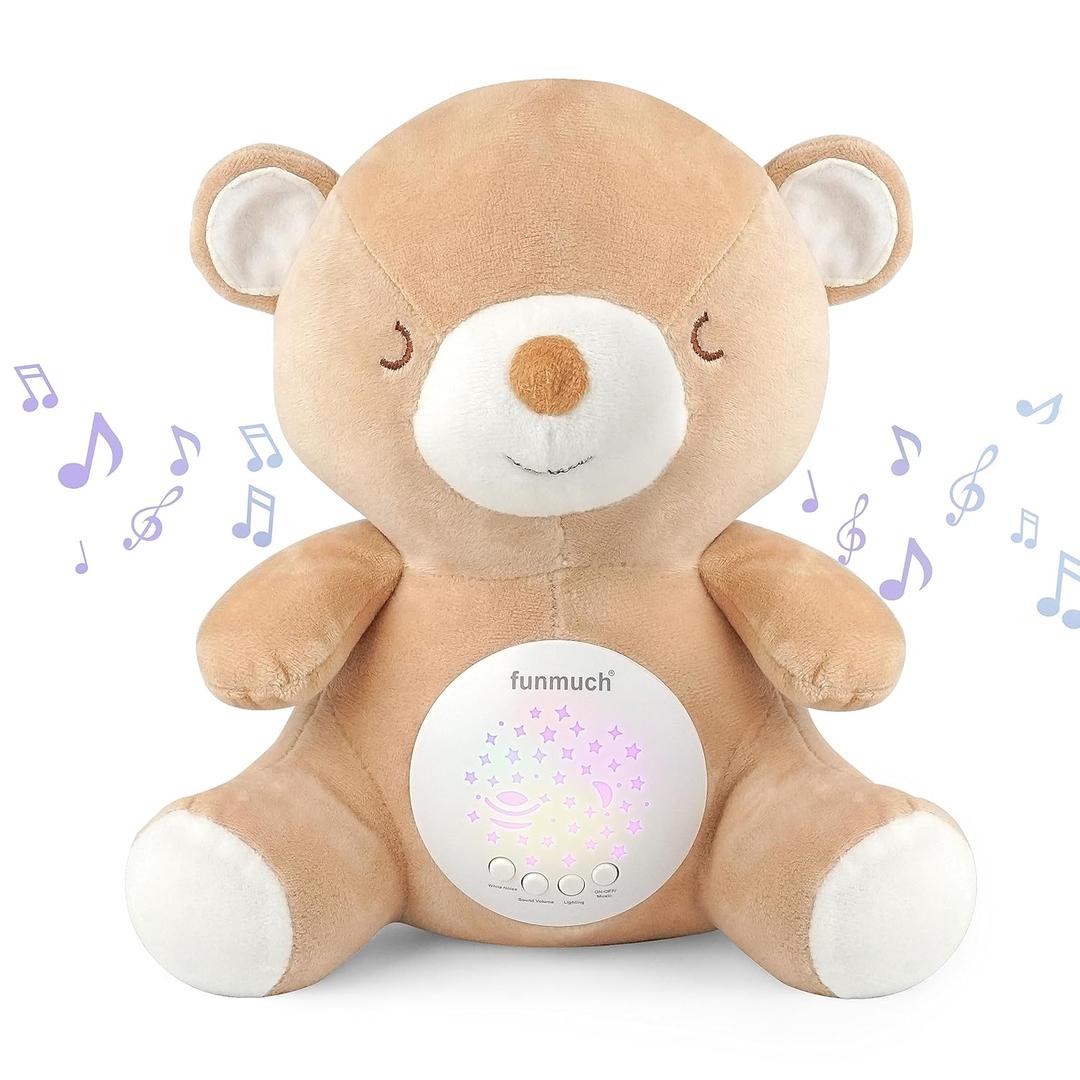 Teddy Bear Baby Soother - Sleep Soothing White Noise, Portable Night Light Projector and Melodies, Toddler Crib Lullaby Machine Sleeping Aid for Newborns and Up, Babies Stuffed Animal Plush Toy