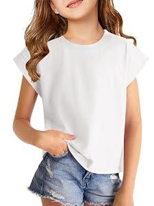 Girls Cap Sleeve T-Shirts Kids Summer Tunic Tops Cute Crewneck Tees Blouses for 5-14 Years White, Size 160