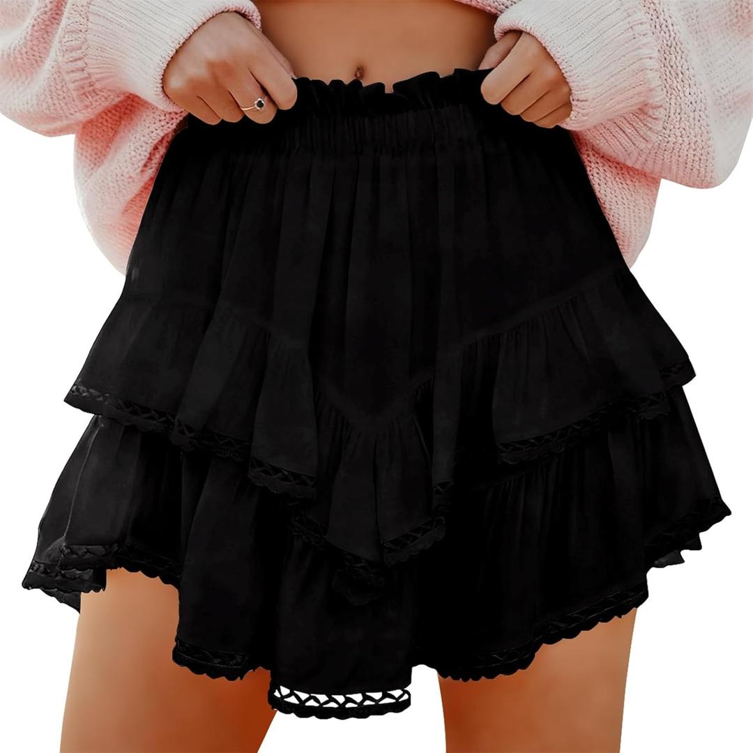 Flowy Shorts for Women Casual Boho Ruffle Tiered Skorts High Waist Mini Skirts Golf Tennis Crochet Shorts (Large)