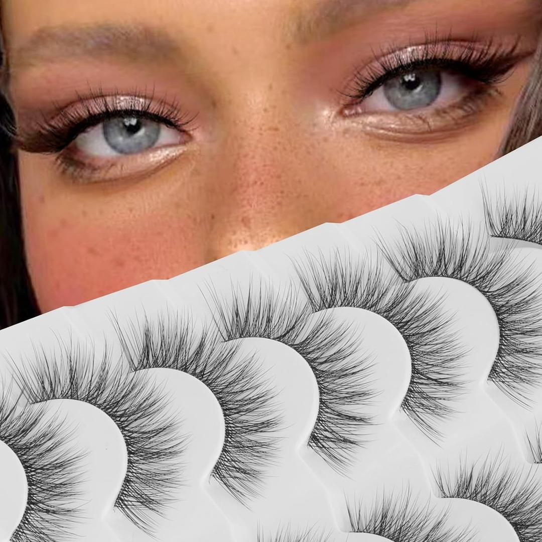 Jiocolor False Eyelashes Natural Look Mink Lashes Strip Wispy Cat Eye Lashes 7 Pairs Volume 3D Fake Eyelashes