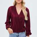 Women Long Lantern Sleeve Shirts Dressy Casual Loose Fit Fall V Neck Blouses Date Night Tops (Red, L)