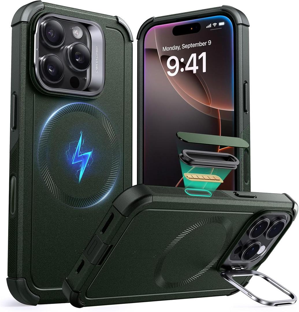 ESR for iPhone 16 Pro Max Case with Stand, 23 ft Military-Grade Drop Protection, Heavy Duty Magnetic Phone Case, Compatible with MagSafe Accessories, Cyber Series, Army Green