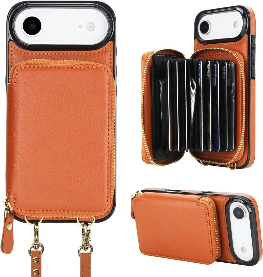 Bocasal Crossbody Wallet Case for iPhone 17 Air, RFID Blocking Leather Purse Case with Card Holder, Protective Handbag Flip Cover with Zipper Wrist Strap Lanyard for Women 5G 6.5 Inch (Brown)