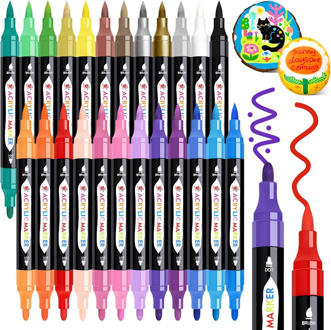 TBC The Best Crafts 24 Colors Dual Tip Acrylic Paint Markers, Waterproof, Non-Toxic, Odorless, Suitable for Paper, Pottery, Stones, Backpacks, Glass
