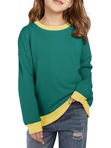 Haloumoning Girls Crewneck Sweatshirts Kids Casual Long Sleeve Loose Tops Fall Comfy Lightweight Pullovers 11-12 Years Green
