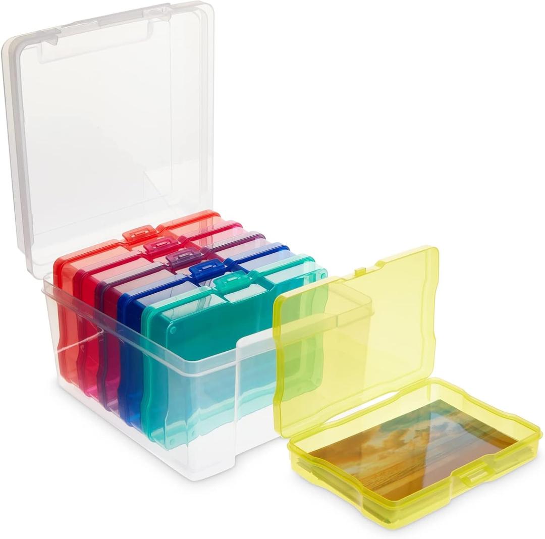 Paper Junkie Photo Storage Box - 4 x 6 in Clear Plastic & 6 Multicolor Inner Cases - Snap-Close Photo Storage Containers & Sticker Box