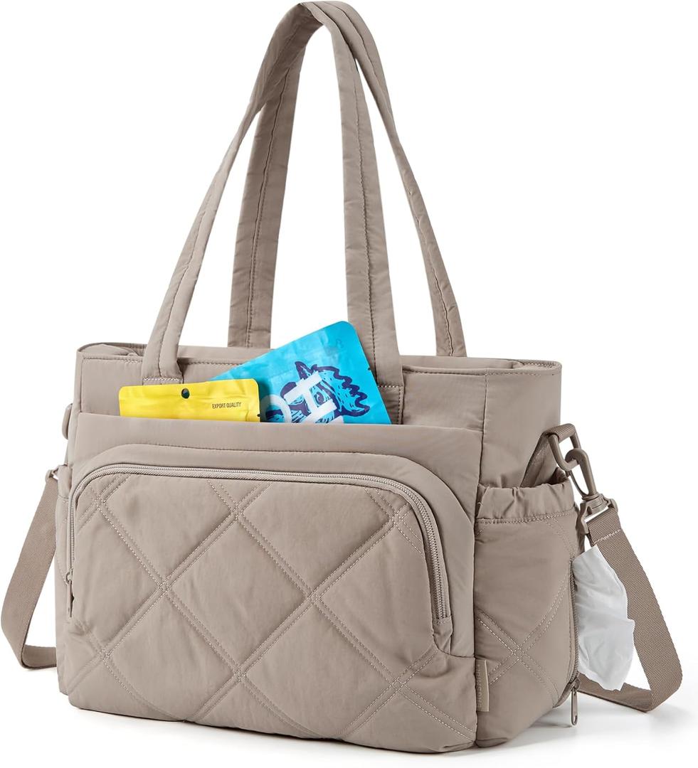 BAGSMART Lunch Bag Women Large Lunch Box Insulated Tote Bag with Multi-Pockets Quilted Puffy Tote for Work, Outdoors, Brown