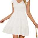 ZESICA Women's 2026 Summer Casual V Neck Flutter Sleeve Bohemian Ruffle Smocked A Line Swing Mini Dress (White, M)