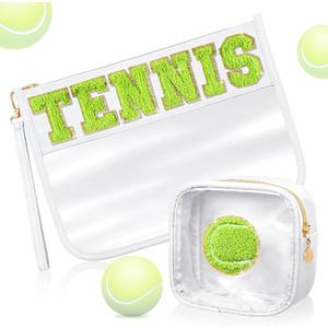 Party Greeting 2Pcs Tennis Gifts Tennis Chenille Makeup Bags Portable Travel Cosmetic Bag with Zipper Preppy Patch Letter Bag Waterproof Storage Purse Flat Clear PVC Organizer for Women