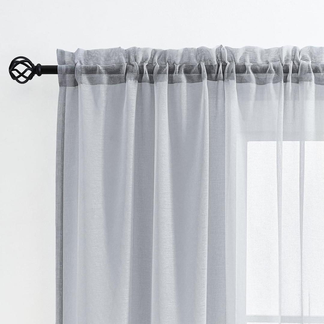 MYSTIC-HOME Sheer Curtains 63 Inch Length, Rod Pocket Voile Drapes for Living Room, Bedroom, Window Treatments Semi Crinkle Curtain Panels for Yard, Patio, Parlor, Set of 2, 52"x 63", Silver Grey