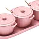 Whole Housewares Mini Cocotte Set with Golden Spoons and Pink Serving Tray - 3 Small Pink Casserole Dishes, 10oz Each with Lids and Handles - Versatile for Baking, Serving, Microwave & Dishwasher Safe