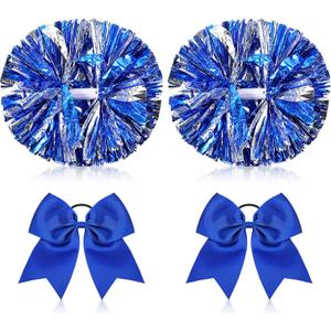 4 Pcs Cheerleading Pom Poms with Baton Handle and Cheerleader Hair Bows, 14 Inch Metallic Cheer Supplies for School Team Spirit Sports Dance Cheering (Blue)