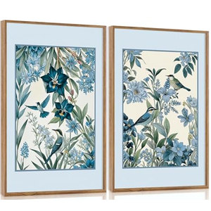 Aurlan Vintage Blue Birds and Botanical Framed Wall Art(16"x24"), 2PCS Classic Chinoiserie Audubon Bird Canvas Artwork, Large Abstract Watercolor Flowers Floral Home Decor for Bedroom Living Room