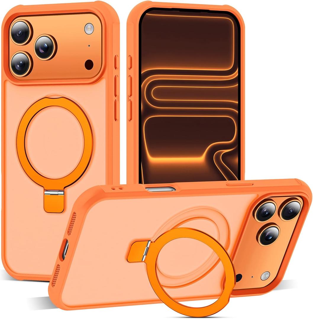 SKYLMW Compatible with iPhone 17 Pro Max Case with Invisible Magnetic O-Ring Stand Military-Grade Translucent Case for iPhone 17 ProMax 6.9" [Compatible with Mag-Safe] [Great Grip Feeling], Orange