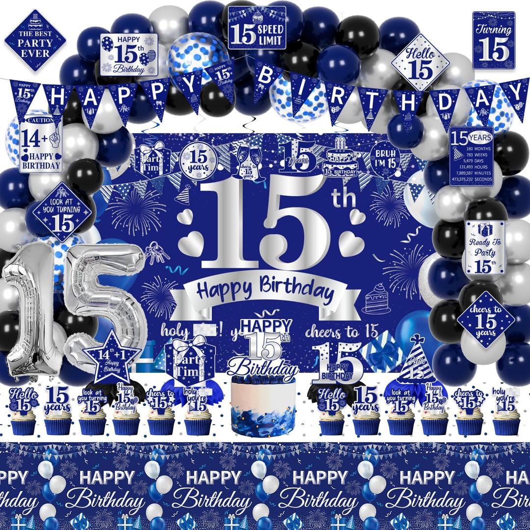 15th Birthday Decorations for Boys, 113Pcs Blue Silver 15 Years Old Boy Bday Party Decor Supplies for 15th Teenager - Backdrop, Banner, Tablecloth, Centerpieces, Hanging Swirls, Wall Signs