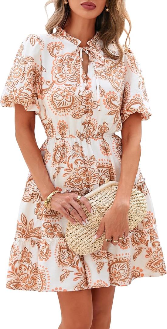 BTFBM Women Summer Floral Short Dresses V Neck Short Sleeve Tiered Ruffle Boho Swing Dress A-Line Mini Dresses (Large, White Apricot Floral)
