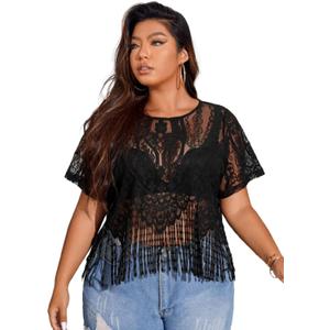 SOLY HUX Women's Plus Size Sheer Lace Tee Fringe Hem Short Sleeve See Through T Shirt Tops Concert Outfits (Black Pure, Xl-large Plus)