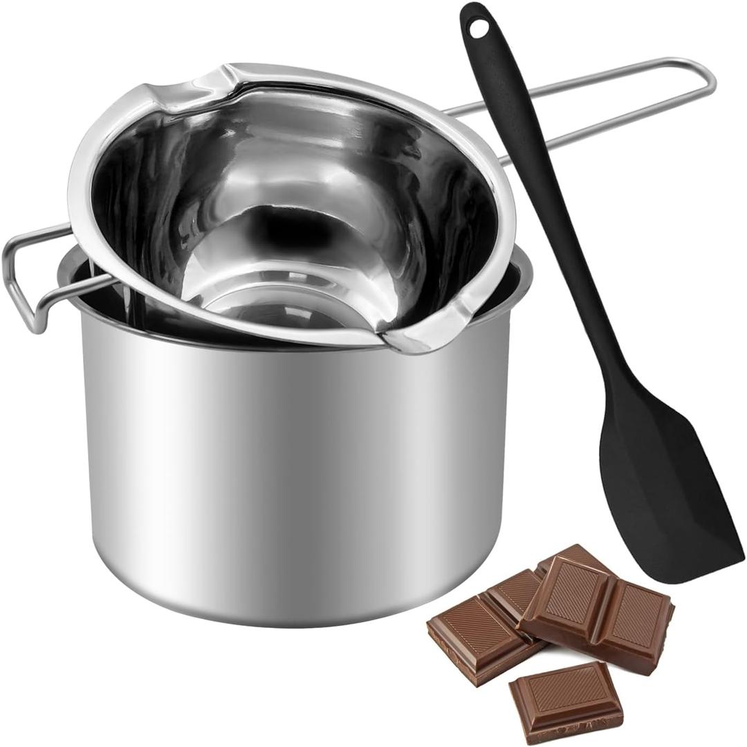 Double Boiler Pot Set, Stainless Steel Melting Pot with Silicone Spatula for Melting Chocolate, Butter, Cheese 600ml+ 1600 ml