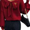 Womens Bow Back Sweater Sexy Off The Shoulder Pullover Sweaters Oversized Long Sleeve V Neck Knit Tops (Large, Burgundy)