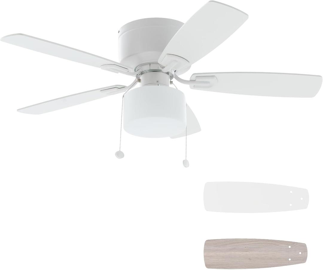 42" Pull Chain Ceiling Fan: Traditional Flush Mount Ceiling Fan with Light - LED Bulb - Dual Finish Blades - Reversible Function for Bedroom - White, 42 inches x 12.6 inches