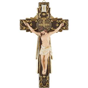 Needzo Handcrafted Highly Detailed Crucifix Wall Cross with St. Benedict of Nursia Medal, Catholic Hanging Home Decor for Indoor Decoration, Housewarming Gifts for Christian Men/Women, 11.75 Inches