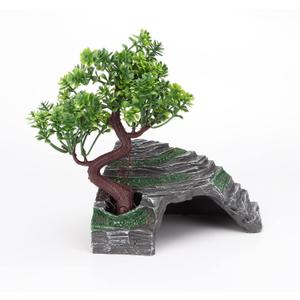 Reptile Simulation Rock Hide-Resin Amphibian Hideouts Cave Size 3.94'' x 1.77'' with Plastic Tree 7.87'',Habitat for Bearded Dragon Turtles Lizards Snakes Crab Gecko Leopard Spider Fish