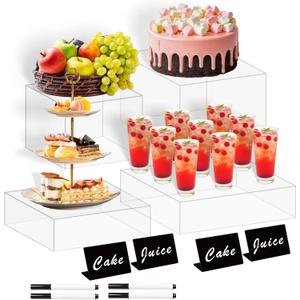 frtzal 4PCS Food Risers for Buffet Table Display Stand for Catering Dessert Matte black Cube Boxes Nesting Risers with Hollow Bottoms (Transparent, L-8,19,10,12)