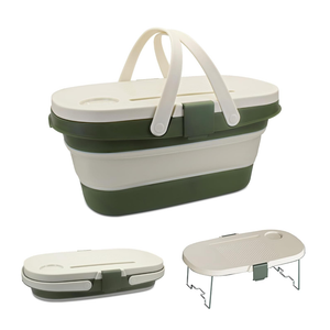 WisePoint Foldable Picnic Basket with Handles, Plastic Picnic Accessories Camping Basket with Lid, Large Capacity Outdoor Basket for Picnicking, Camping, Hiking (White+Green)