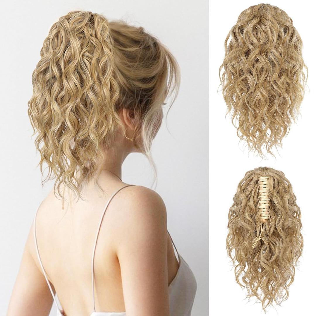 FLUFYMOOZ Ponytail Extension, 12" Short Claw Ponytail Extension Wavy Curly Jaw Clip in Pony tails Hair Extension Natural Synthetic Hairpiece for Women (Golden Blonde with Highlights) FLUFYMOOZ Ponytail Extension, 12" Short Claw Ponytail Extension Wavy Curly Jaw Clip in Pony tails Hair Extension Natural Synthetic Hairpiece for Women (Golden Blonde with Highlights)
