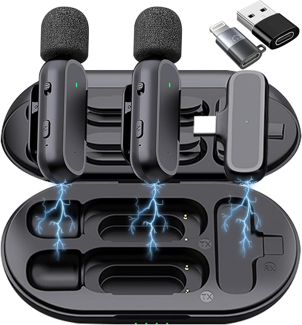 2 Pack Professional Wireless Lavalier Microphone for iPhone iPad Android with Charging Case Noise Reduction Plug-Play Clip on Lapel Mic for Video Recording Vlogging, YouTube, Interview, Live Streaming