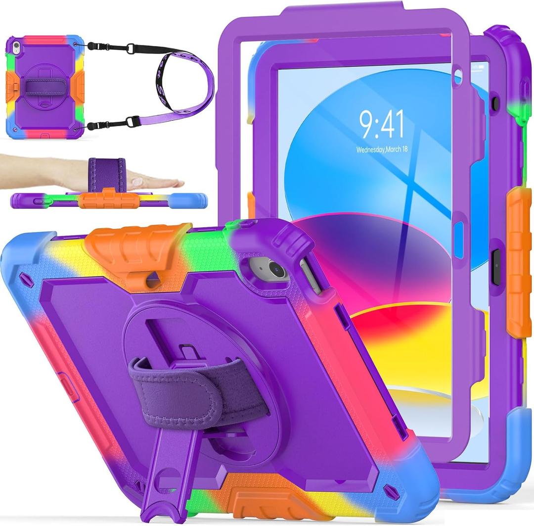 SEYMAC stock Case for iPad (A16) 11th/10th Generation 11''/10.9'' 2025/2022, Full-Body Drop Protection Case with Screen Protector &360 Rotate Hand Strap/Stand, Purple+Colorful