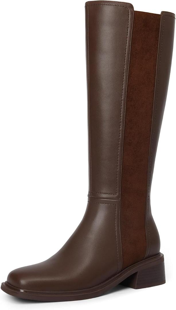 TEAIEUI Knee High Boots for Women Flat Square Toe Chunky Block Low Heel Side Zipper Soft-Soled Tall Long Boots