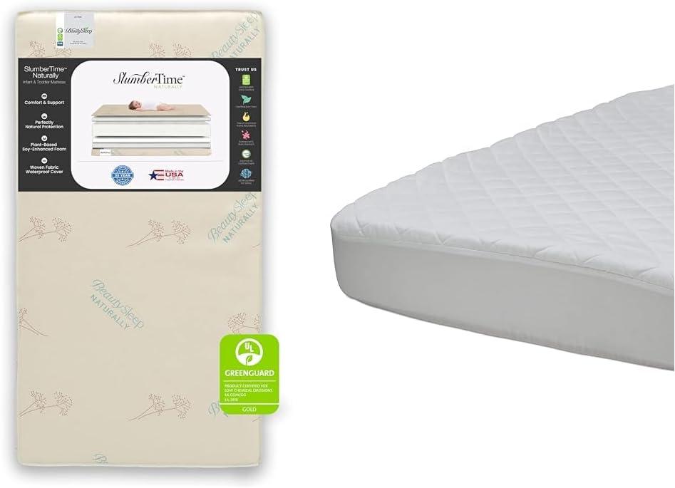 Simmons Kids SlumberTime Naturally 2-Stage Premium Plant-Based Soy Foam Baby Crib Mattress & Beautyrest Kids Fitted Crib Mattress Pad | Waterproof | 52 x 28 | Machine Washable, White