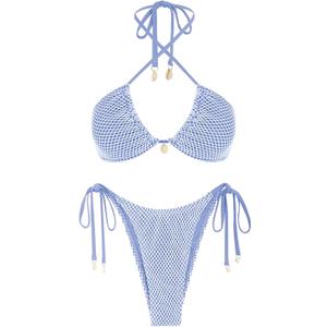 ZAFUL Women's Bikini Set Fishnet Triangle Tie Convertible Collar Halter Bandeau Shell Two Piece Bathing Suit (Medium, Blue)
