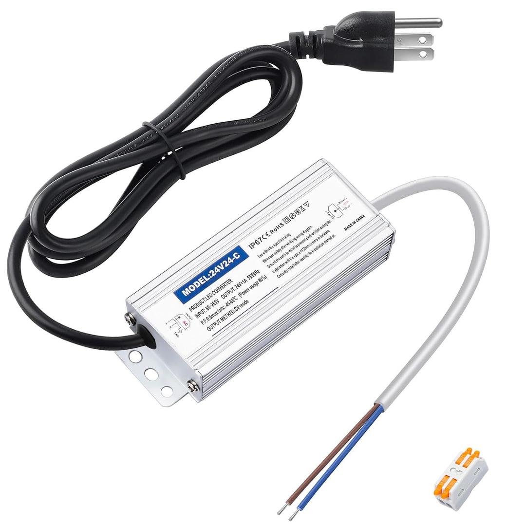 Waterproof IP67 24v Power Supply 24W 1A, LED Driver 120V AC to 24V DC Converter, with 3-Prong Plug and 4.9 Feet Cable - Ideal Power Supply for LED Strips and Lights