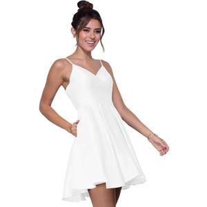 Spaghetti Strap Satin Short Homecoming Dress for Teens V Neck A Line Mini HOCO Dress Cocktail Party Gowns (2, White), Small