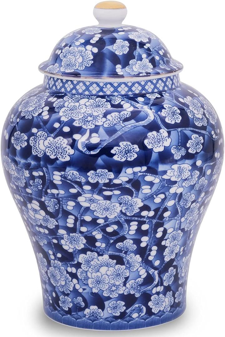 Ginger Jar with Lid Mandarin Blue and White Porcelain Plum Blossom, Decorative Ceramic Bud Vase for Home Dcor, Centerpiece Table Decoration Floral Arrangement (Blue and White Plum Blossom)