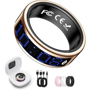 Smart Ring for Women & Men, Fitness & Health Tracker with Display Screen, IP68 Waterproof Smart Rings for Health Monitoring, Fitness Tracker Ring with Call Notification, No App Fees (Rose Gold, 10#)