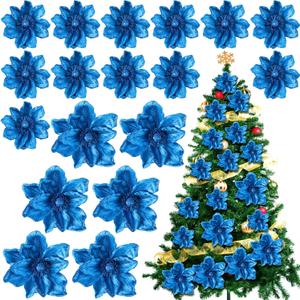 18 Pcs 12" 9.8" Large Poinsettia Flowers Artificial for Christmas Tree Glitter Poinsettias Picks with Stem Xmas Faux Silk Floral Ornaments for Santa Garland Home Decoration Party(Blue)