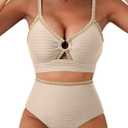 Herseas Women's Textured Bikini Sets O Ring Swimsuits Whip Stitch High Waisted Bathing Suits 2026 Summer Beach Wear (Beige, M)