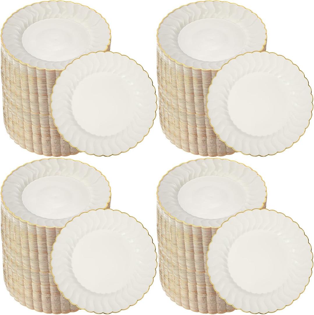Mifoci 7.5 Inch Ivory with Gold Rim Plastic Disposable Plates Bulk Salad Dessert Appetizer Cake Plates Elegant Fancy Plastic Tableware for Party Holiday, Wedding, Catering Table Decoration(200 Pcs)